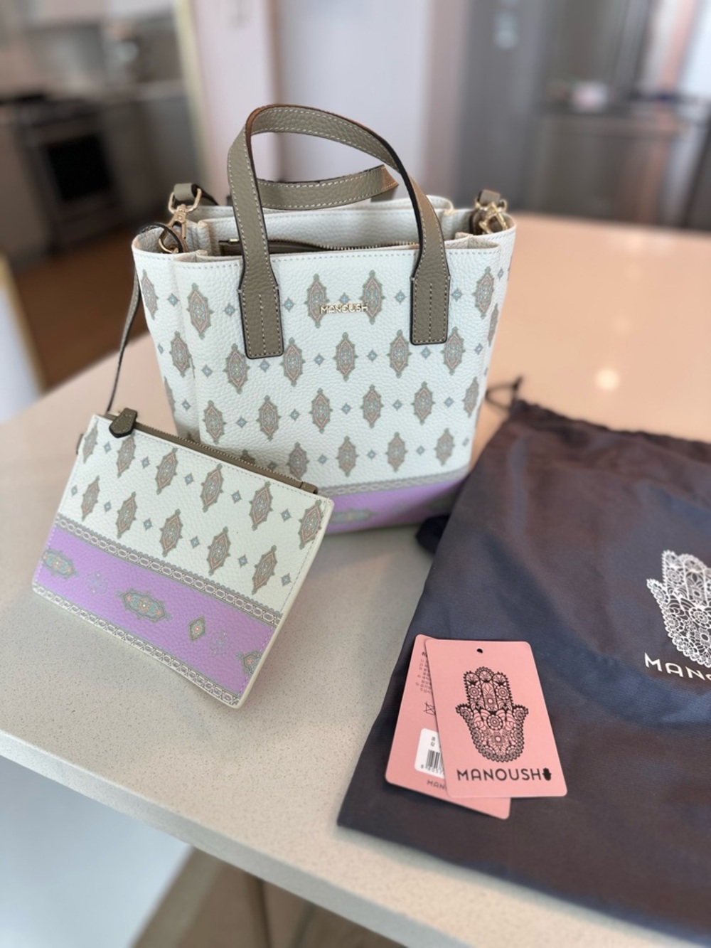 Manoush White and Lavender Kilim Patterned, Ople-Embossed Synthetic Leather Tote - Picture 13 of 13